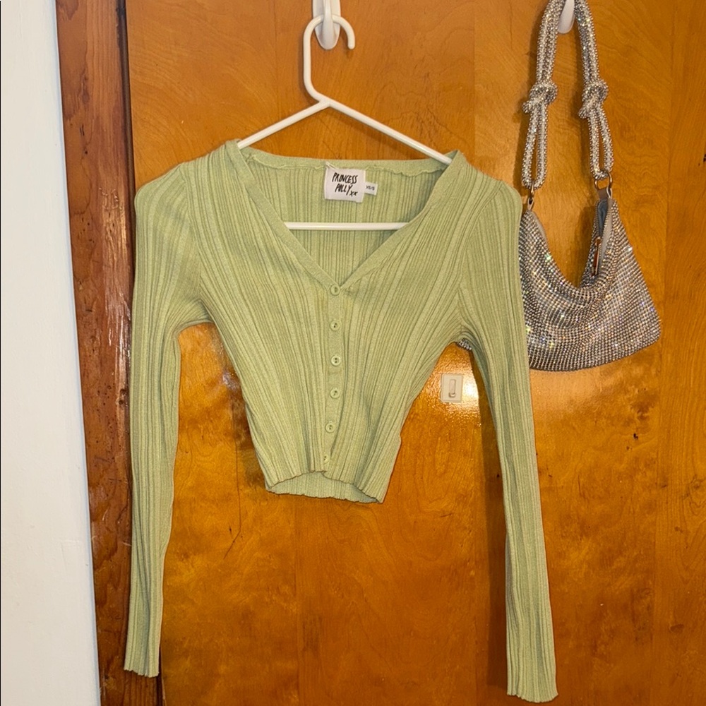 Princess Polly Green Ribbed Crop Blouse Long Sleeve